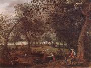 David Vinckboons A wooded river landscape with saint john the baptist preaching inthe distance oil painting on canvas